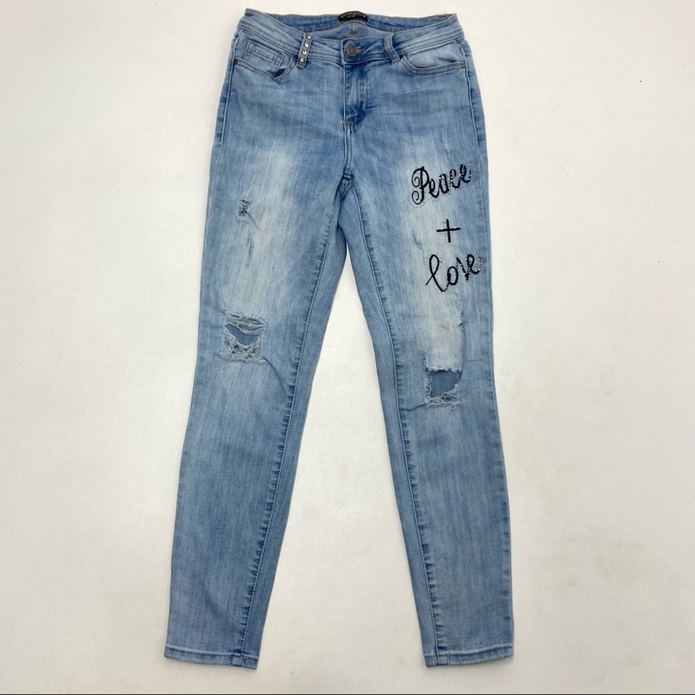 Bebe Distressed Ripped Skinny Jeans Peace & Love Womens Size 26